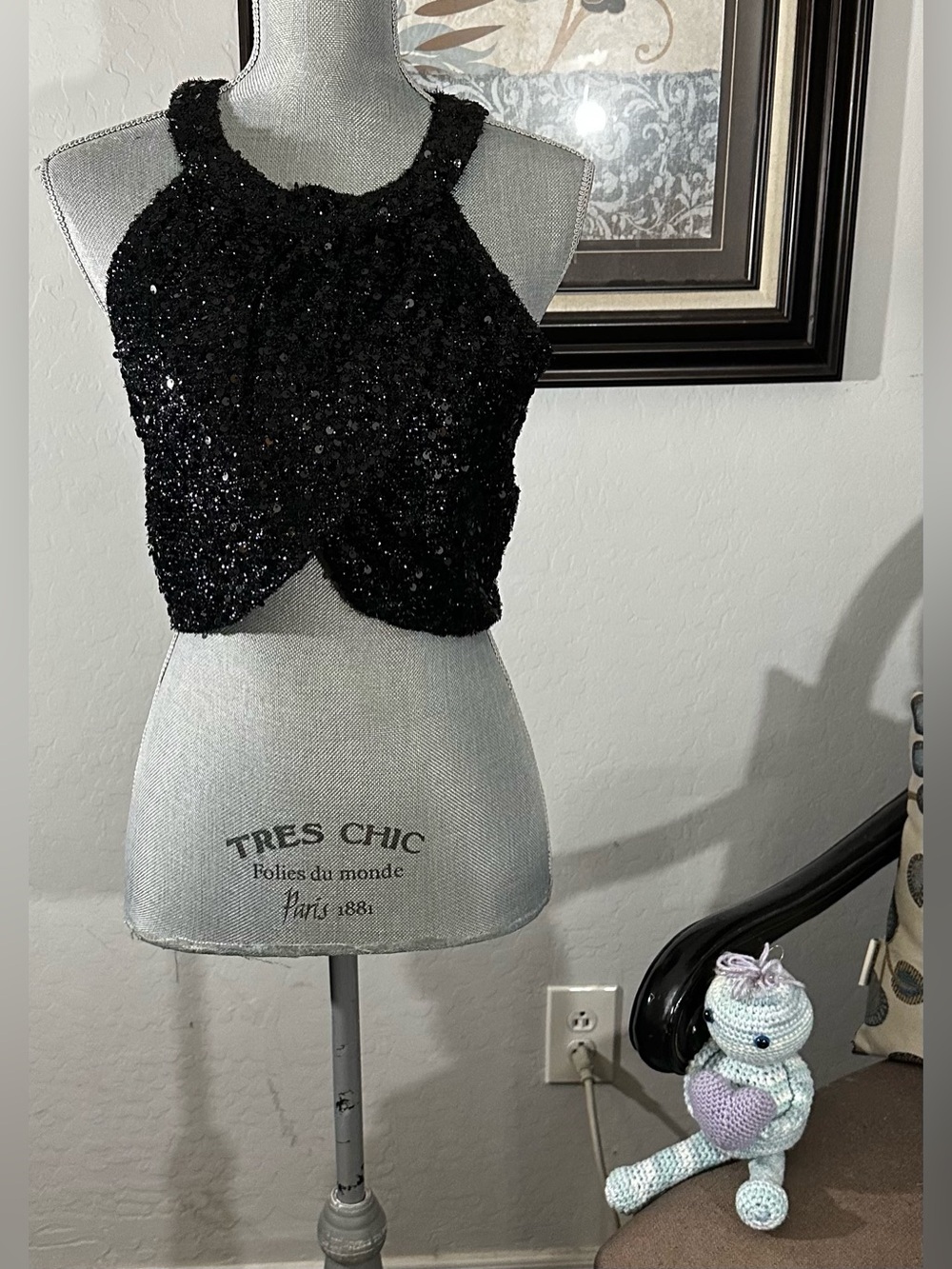 NWT 12th Tribe Cleo Black Sequin Halter Tie Top S